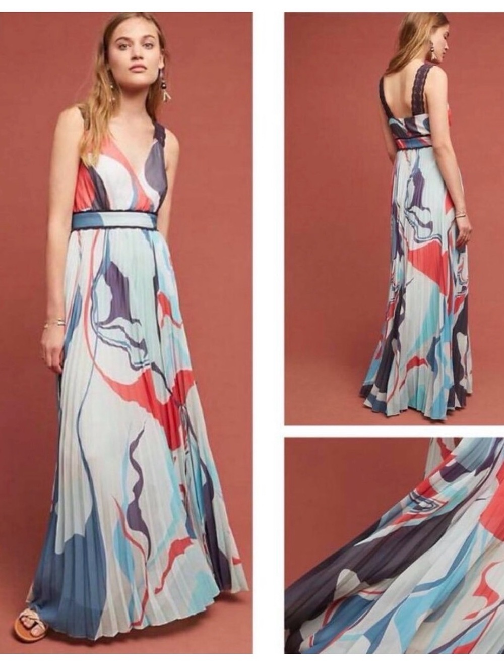 Anthropologie Geisha Designs Abstract Print Pleated Maxi Dress in Multicolor